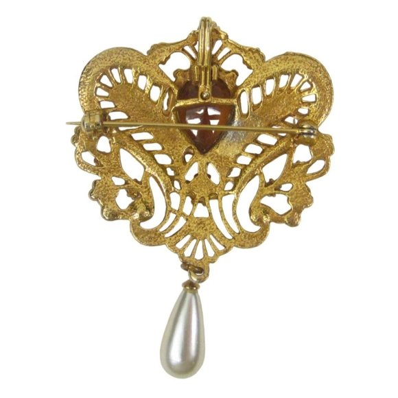 Statement Brooch 2.7 in Dangle Imitation Pearl Pin Goldtone Pendant Rhinestones - Picture 4 of 7